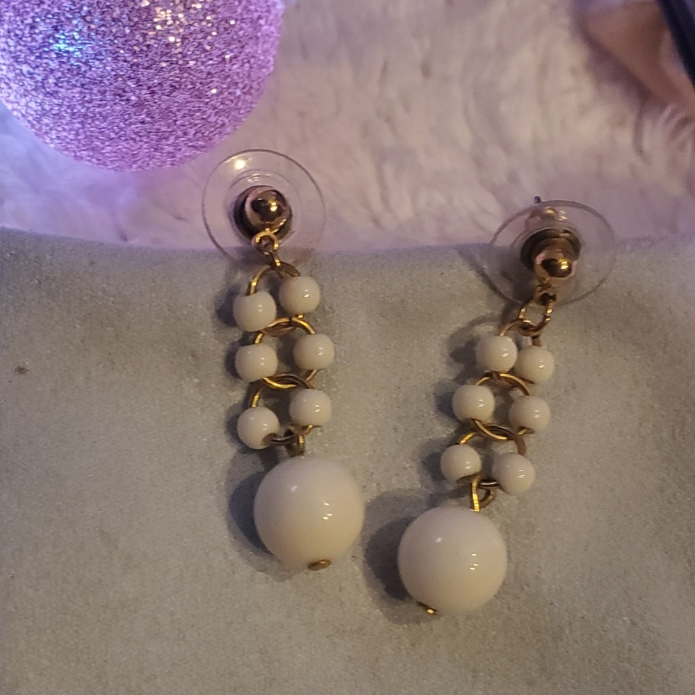 White Bead Dangle Earrings